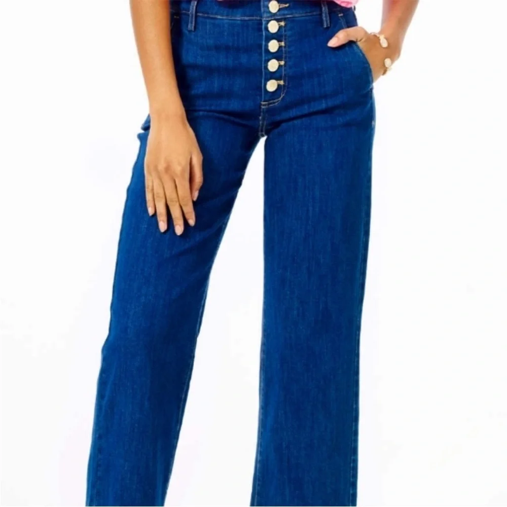 Lilly Pulitzer Aileen Blue High Rise Straight Denim Jeans Button Fly Size 0